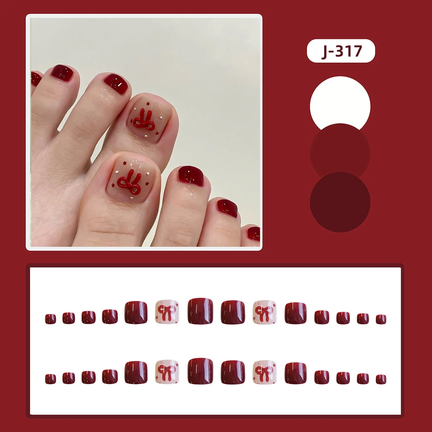 24pcs Summer Cute Press on Toenails Cartoon Cat Bear Print False Toe Nails Wearable Sweet Red Korean Style Fake Toenails 4