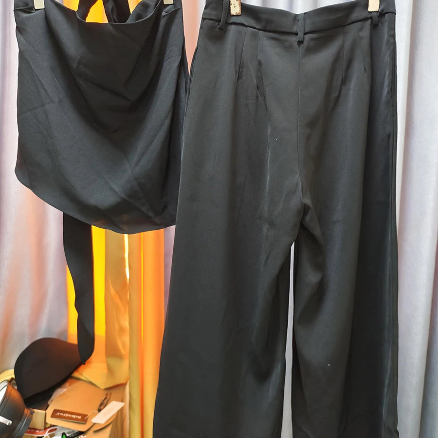 Solid Loose Two Piece Sets for Women Halter Neck Sleeveless Irregular Top High Waist Wide Leg Pants Set Female New