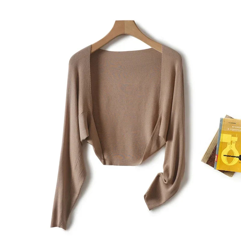 Linen "Ice Silk" Women Sun Protection Cover Ups Long Sleeve Knitted Shawl Thin Summer Relax Cardigan Cape Outerwear Shirt Loose Camel Onesize (M)