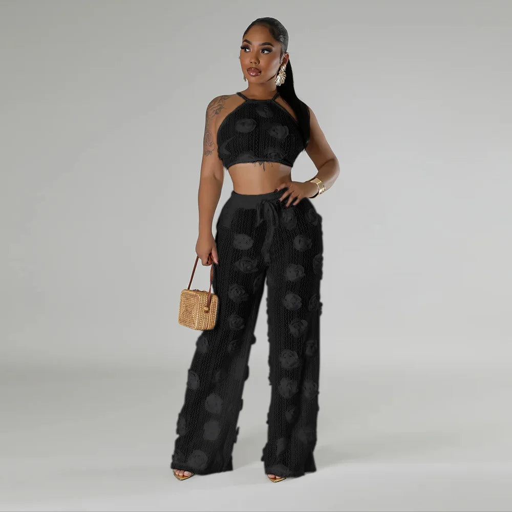 CM.YAYA Women Set 3D Flower Sleeveless Strap Tops +Wide Leg Pants Two 2 Piece Sets Outfit Perspective Summer Sexy Streetwear Black