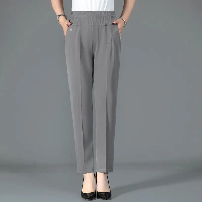 Summer Simplicity Commute Solid Color Straight Pants Women's Clothing Fashion All-match Elastic Waist Trousers for Female GRAY