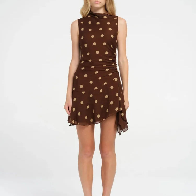 Sleeveless Polka Dot Dress For Woman Fashion Brown Print Mesh O Neck Ruched Mini Dress Elegant Irregular Dresses Coffee