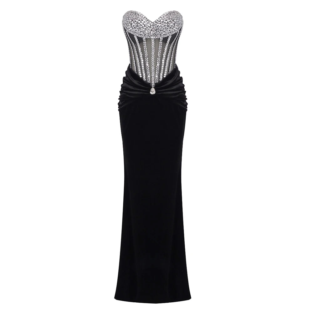 Glimmer Trumpet Black Long Dress for Women Strapless Backless Crystals Velvet Celebrity Cocktail Party Evening Gown Vestidos black