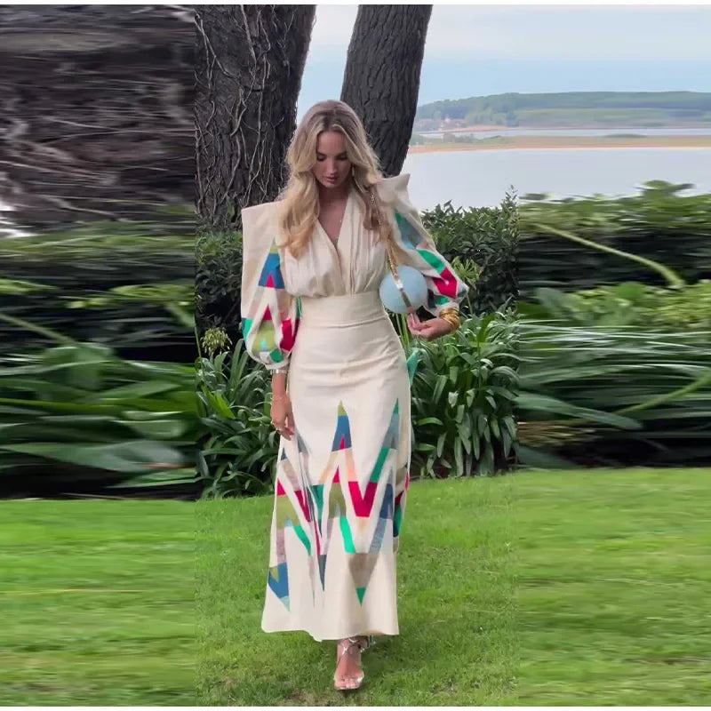 Vintage Printed Pleated Suit Dress Shoulder Pads Puff Sleeve V-neck Top High Waist Skirt Female New Spring Autumn Lady Suit