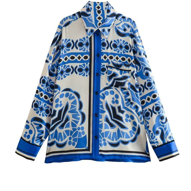 Woman Shirts Pants Sets 2024 New Summer Geometric Print Loose Long sleeved Shirts Fashion Elastic Waist Wide Leg Pants Outfits