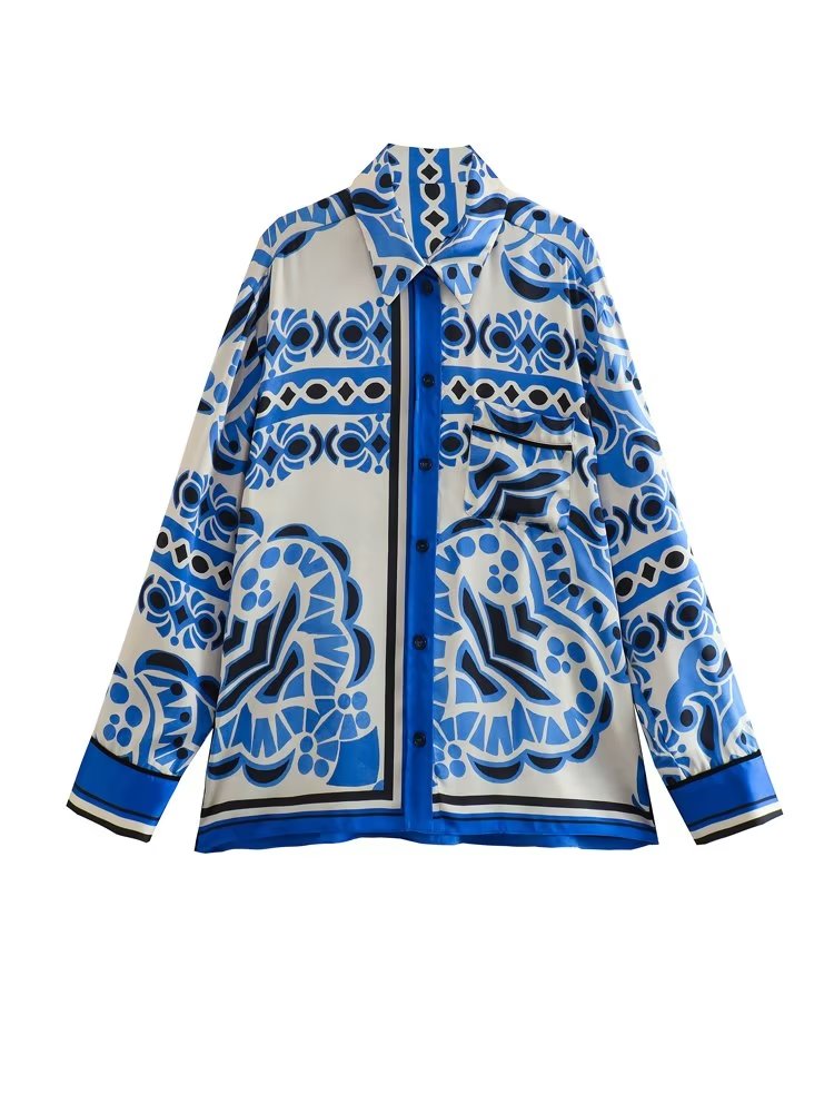 Woman Shirts Pants Sets 2024 New Summer Geometric Print Loose Long sleeved Shirts Fashion Elastic Waist Wide Leg Pants Outfits