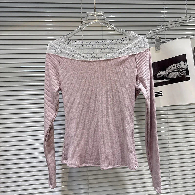 Winter New Elegant Fashion Shiny Rhinestone Mesh Off-Shoulder T-Shirt For Women Patchwork Tops Female Trend 11A07654