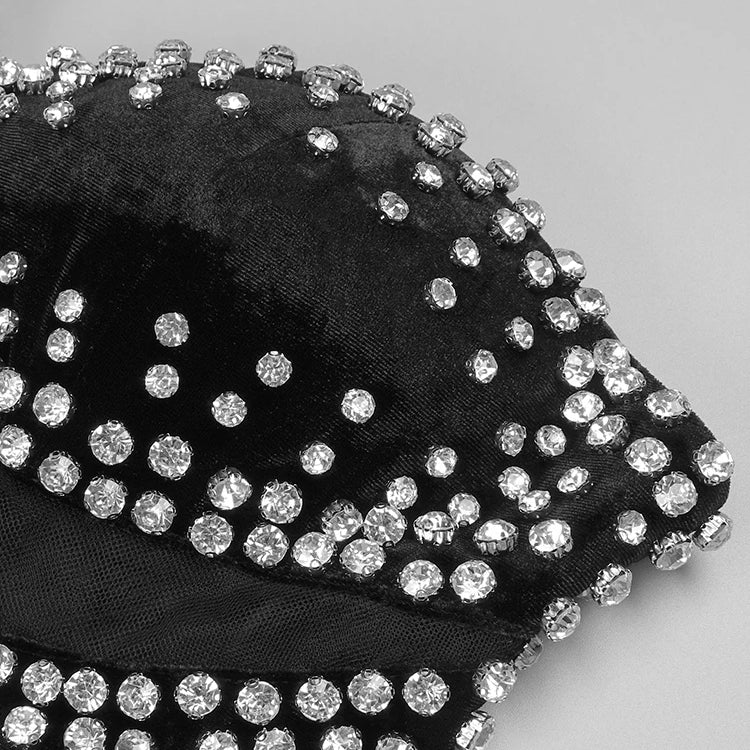 Glimmer Mermaid Prom Dresses Strapless Backless Mesh Patchwork Rhinestones Velvet Maxi Party Evening Dress With Gloves