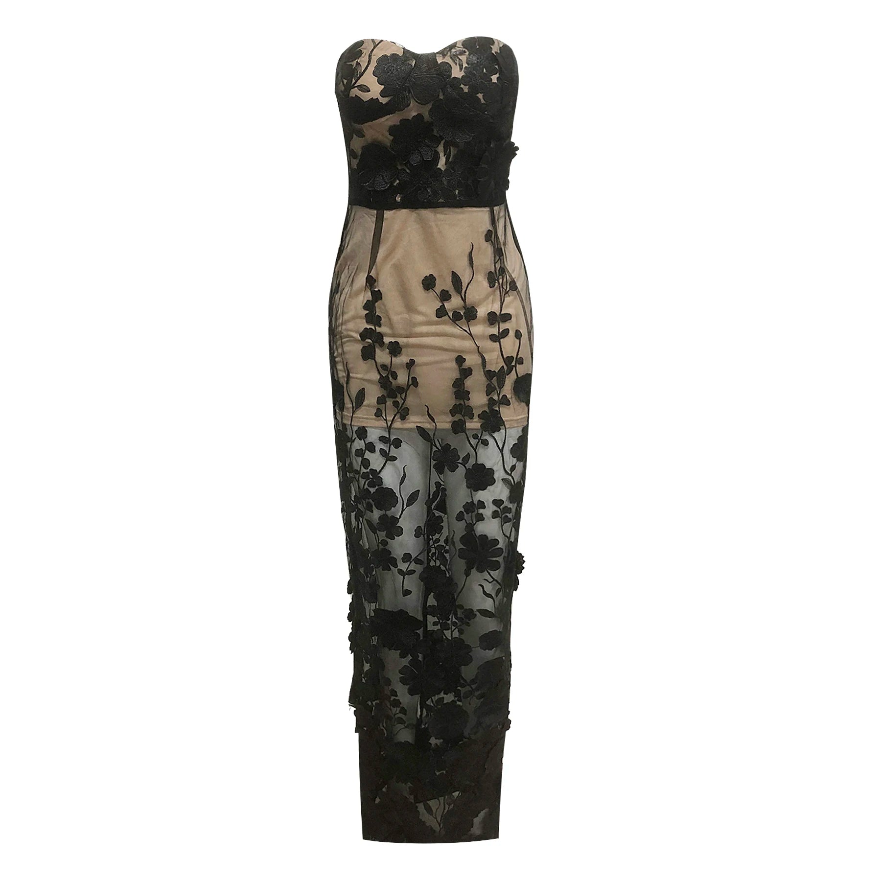 Glamorous Black Strapless Mesh Dress with 3D Floral Embellishments and Side Slit for Stylish Evening Gown black