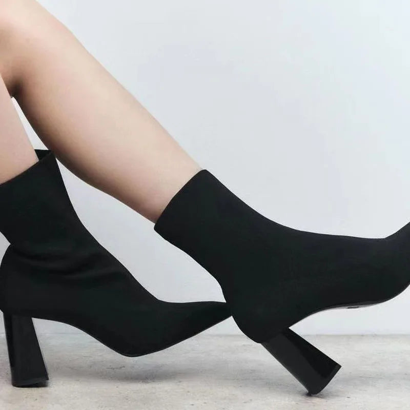 TRAF 2023 Black Boots Women Elast Ankle Boots Woman Autumn Short Boots Woman Heeled Shoes Knit Sexy Pointed Toe High Heels Shoe