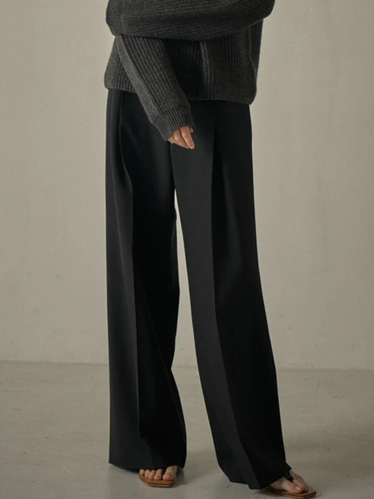 [LANMREM] Office Lady Pleated High Waist Pants For Women Spring New Solid Wide Leg Trousers Fashion Clothing 26D8020 Black