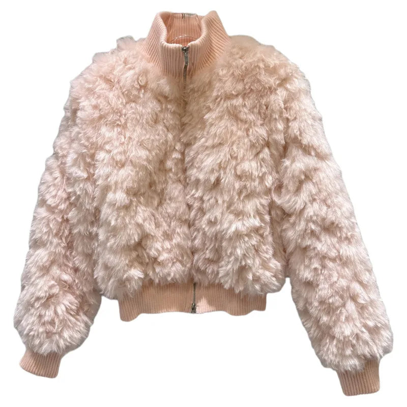 Winter New Sweet Fashion Fur Patchwork Knitted Quilted Short Coat For Women Solid Color Soft Jacket Female 11A07455