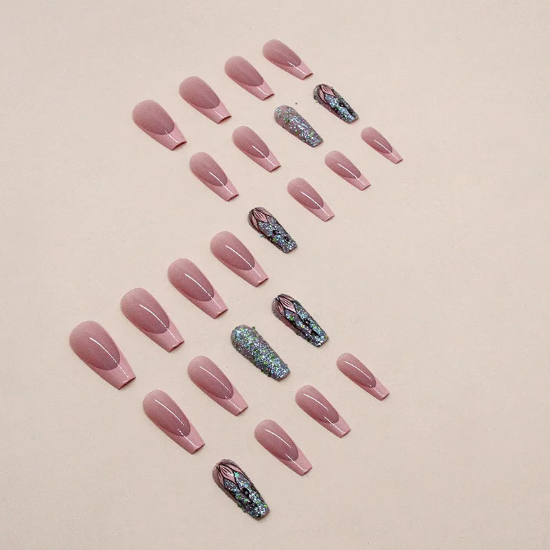 24-piece Long French Pop Flash Nail with 1 Jelly Glue and 1 Nail File
