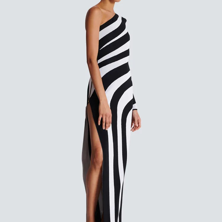 Women Celebrity Sexy One Shoulder Striped Jacquard Maxi Long Split Bodycon Bandage Dress 2024 Elegant Evening Club Party Dress