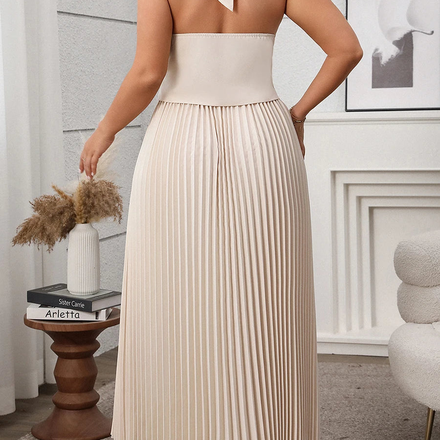 Women's Summer 4XL Plus Size Outfits Fashion Summer Solid Color V-Neck Button Halter Vest and Pleated Skirt Set for Streetwear