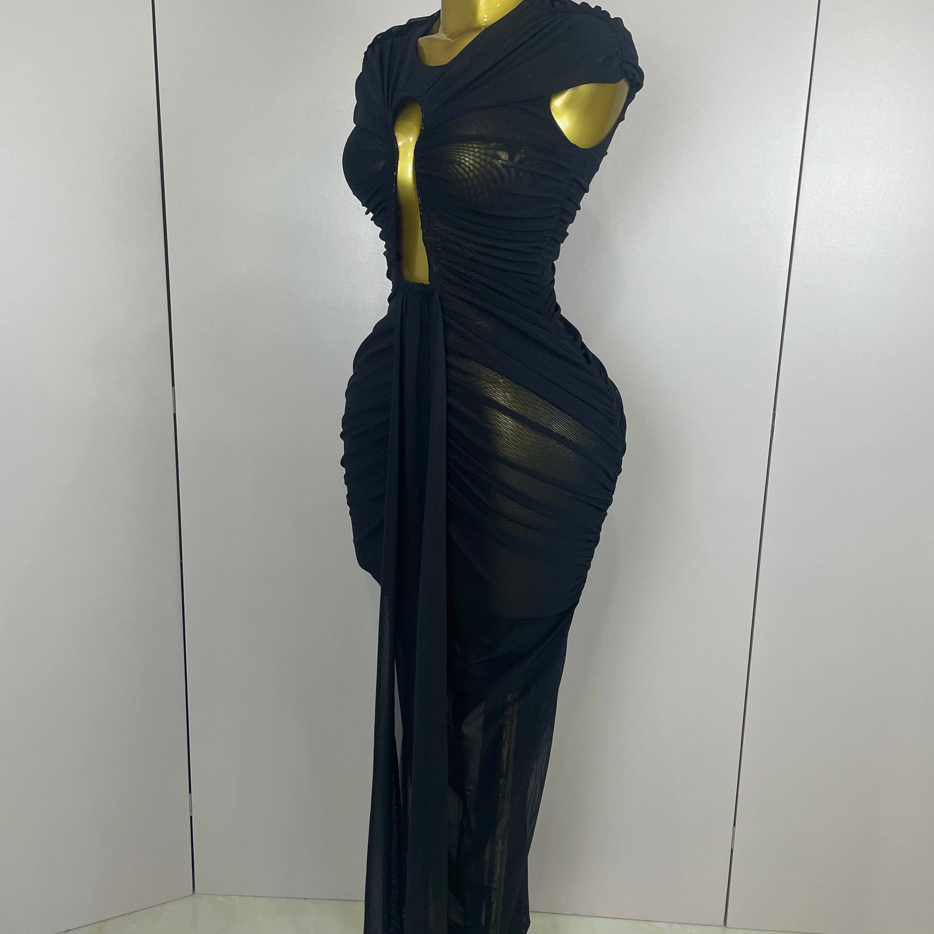 Sexy Sleeveless O-Neck Bodycon Mesh Long Dress 2025 Women Hollow Out Celebrate Fashion Show Celebrity Evening Party Club Dress