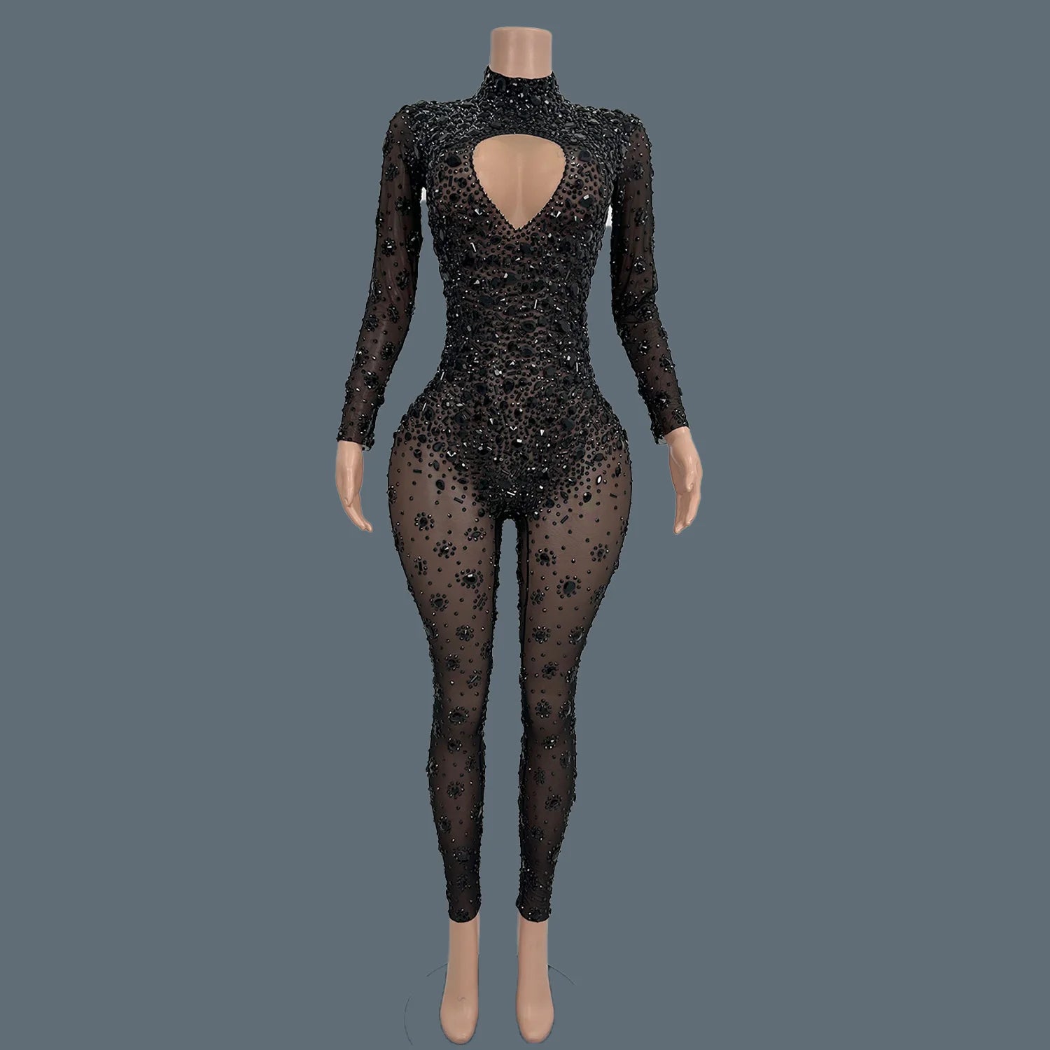 Sparkly Rhinestone See Through Mesh Tight Fitting Jumpsuit Women Night Party Outfit Female Singer Stage Performance Wear Cuican black