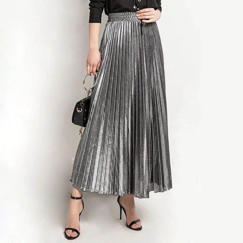 Women Shiny Luster Long Pleated Skirt Beach Party High Waist A-line Umbrella Long Skirt for Autumn