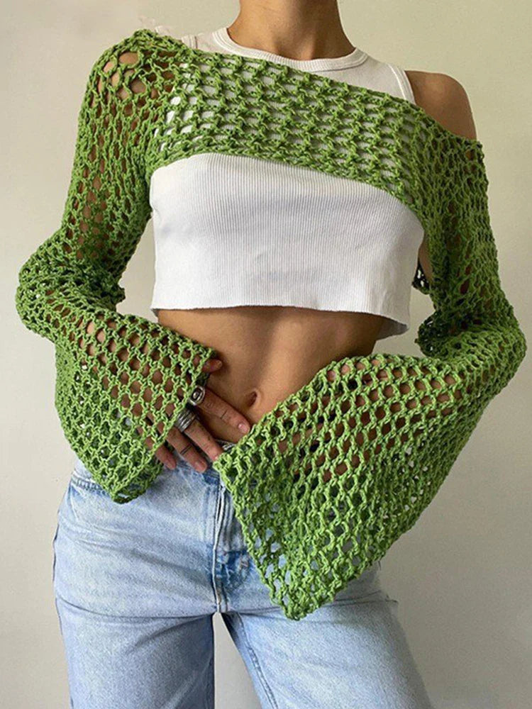 Hollow Out Crochet Bolero Knit Sweater Top Women Sweaters green