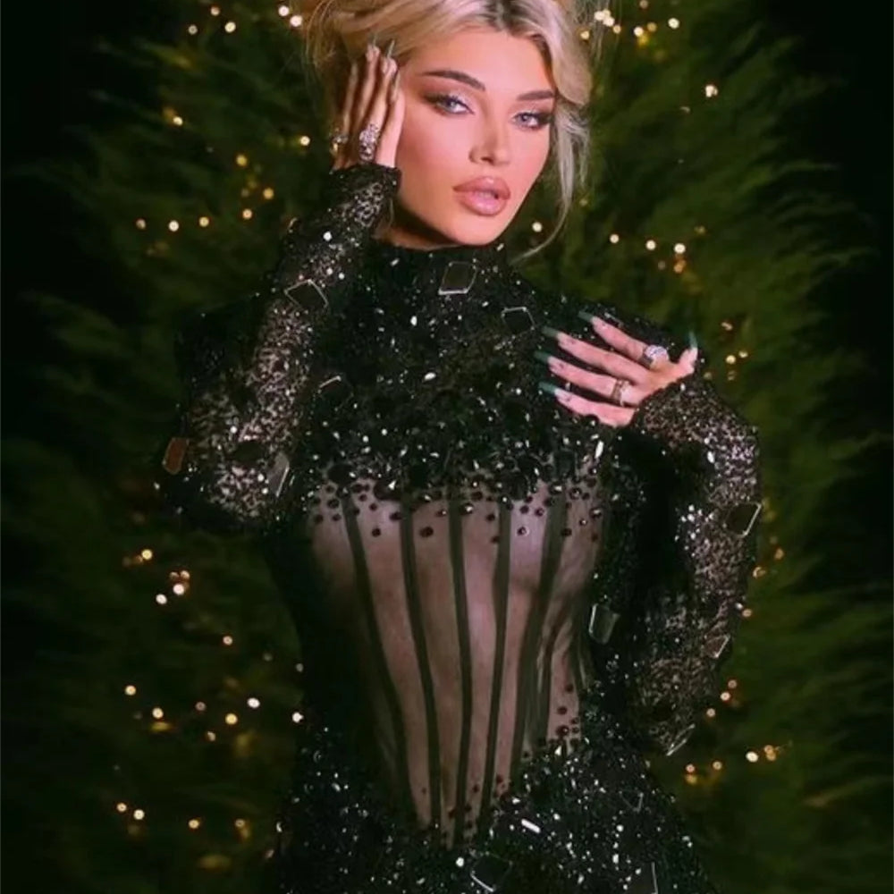 Black Color Women Long Sleeve Sexy Sequins Mirrors Shinning Bodycon Mini Dress Celebrate Nightclub Party Wear