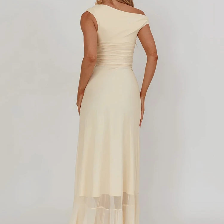 Sleeveless Ruffled Split Maxi Dress For Women Gown Mesh O Neck Oblique Shoulder Backless High Waist Slim Fit Club Dress