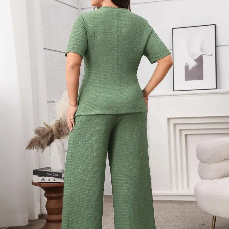 Plus Size Summer 2 Two Piece Set Women Irregular Slim Waist Fashion Ladies Blouses Wide Leg Loose Pleated Woman Long Pants