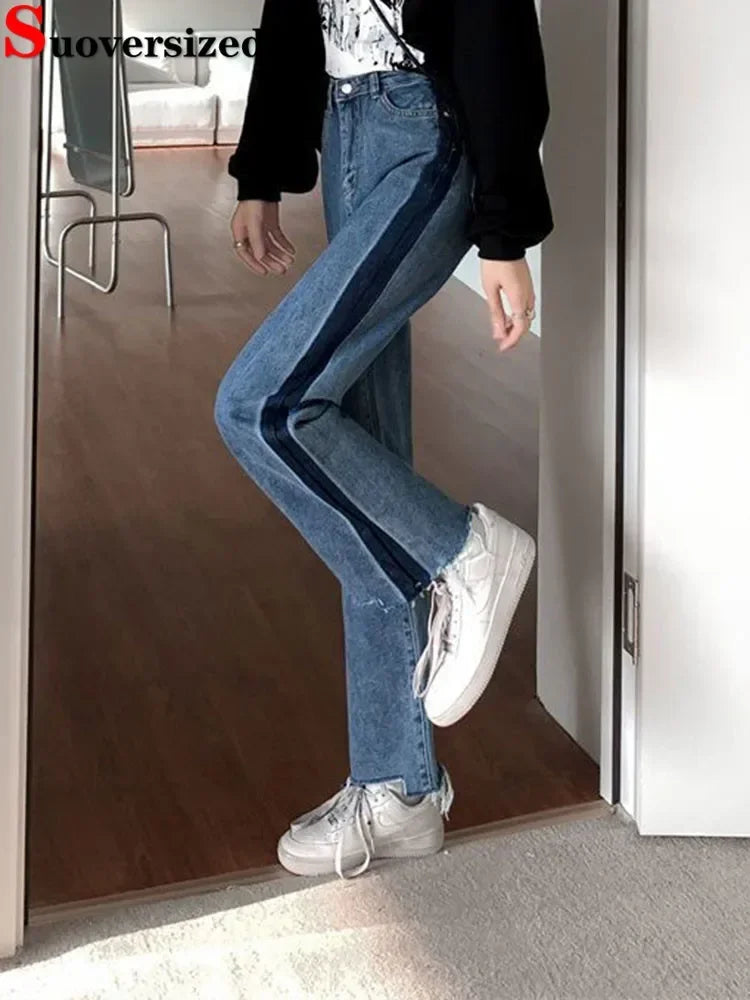 Korean Ankle Length New Hight Waist Side Stripe Straight Jeans Woman Baggy Big Size 5xl Wide Leg Denim Pants Spring