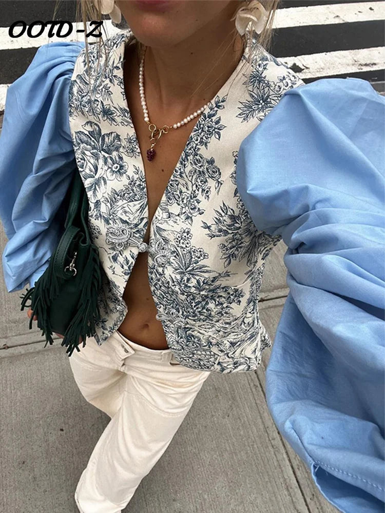 Fashion Print Lantern Sleeve Shirt Women Loose Buttons V-neck Split Female Top Summer Lady Patchwork Blue Streetwear
