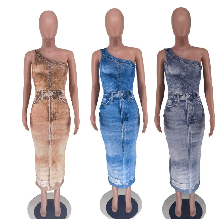 Women Fake Jean 3D Printed One Shoulder Sleeveless Bodycon Midi Maxi Dress 2024 Club Sexy Party Long Dresses Vestido