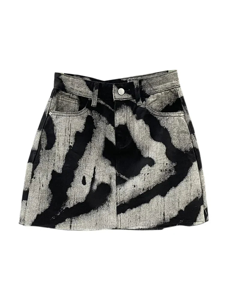 DEAT Streetwear Contrast Color Print Burrs Denim Skirt Women's High Waist Loose Trend A-line Skirts Summer New 17A2006H