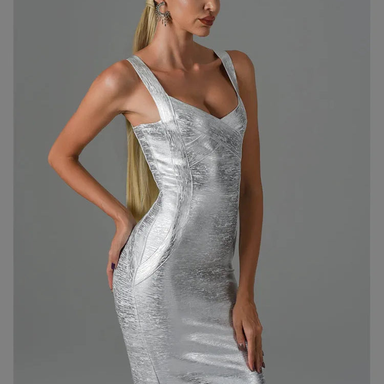 Women Summer Style Sexy Sleeveless Backless Gold Silver Bronzing Midi Bodycon Bandage Dress 2022 Elegant Evening Party Dress