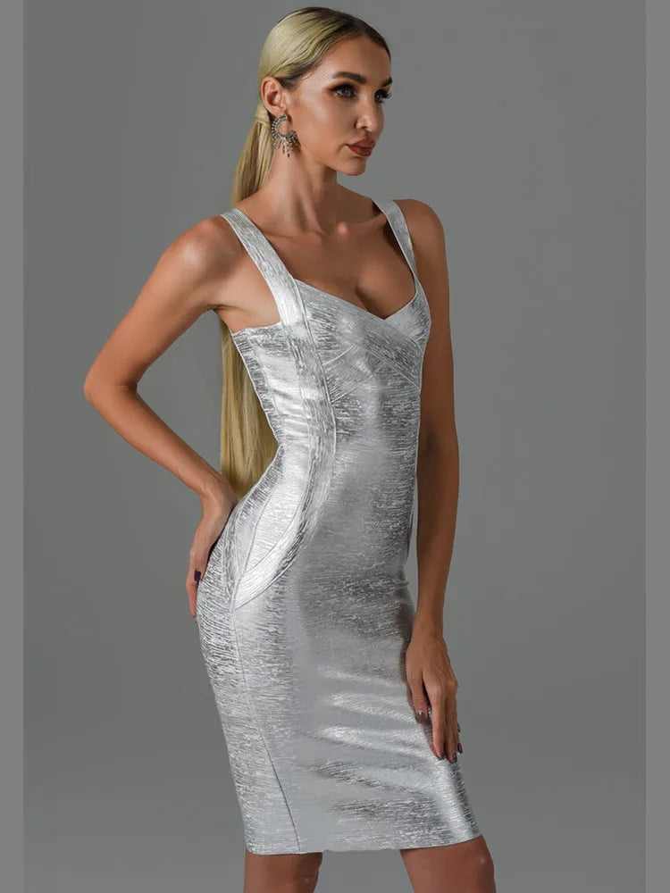Women Summer Style Sexy Sleeveless Backless Gold Silver Bronzing Midi Bodycon Bandage Dress 2022 Elegant Evening Party Dress