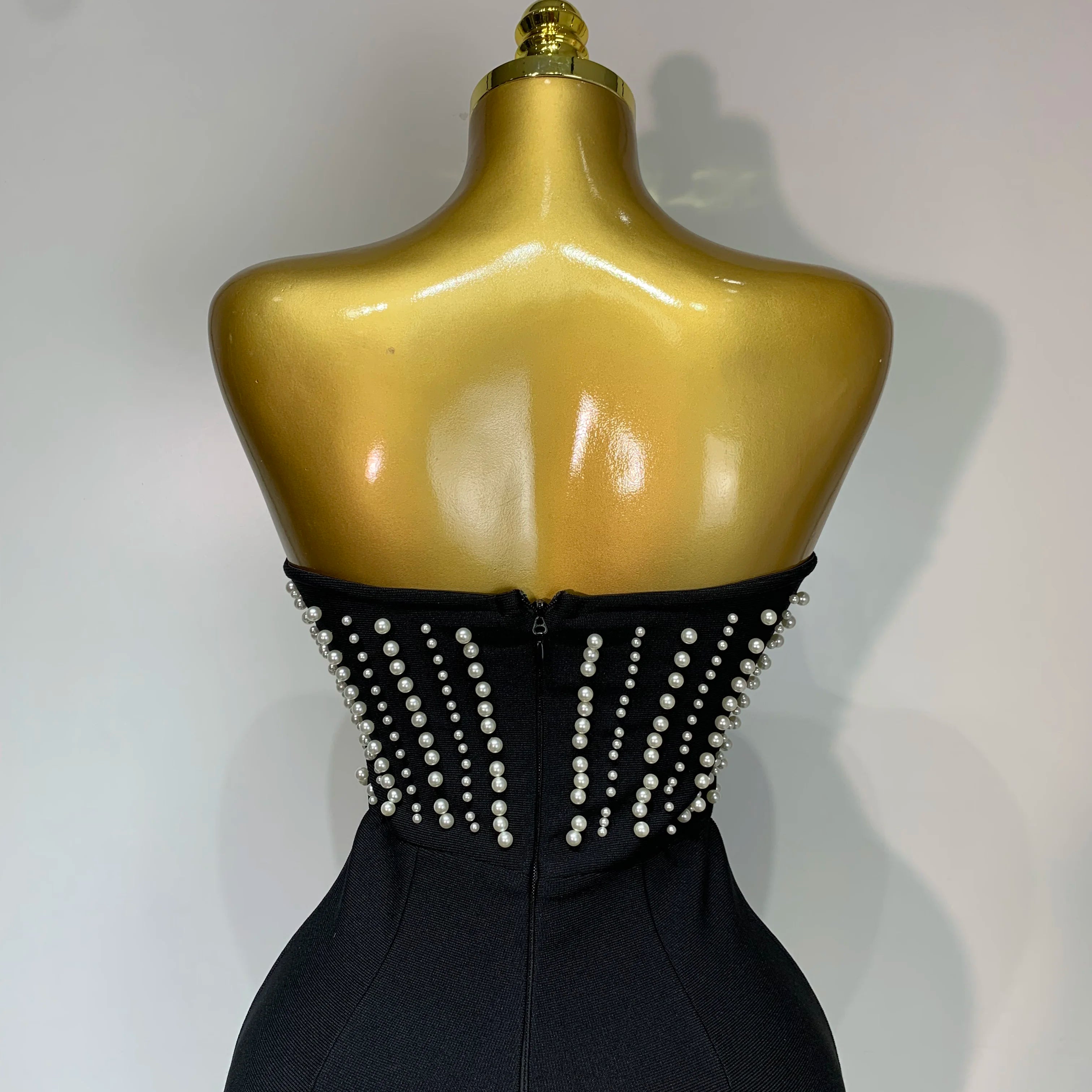 Women Sexy Black Sleeveless Backless Pearls Beaded StraplessBeading Bodycon Bandage Jumpsuit Evening Party Birthday Club Outfit