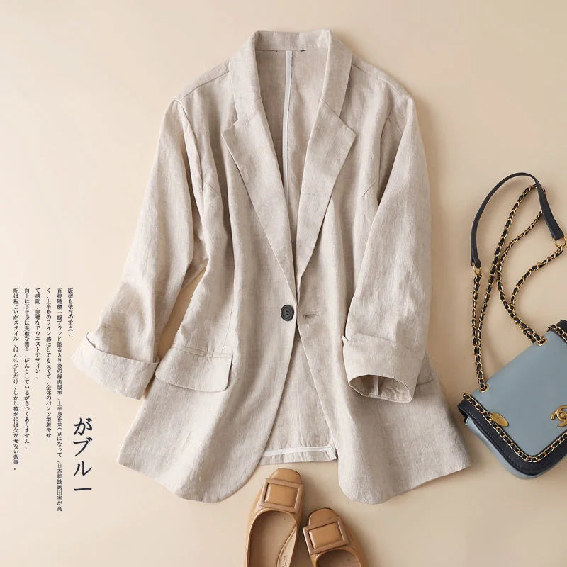 Cotton and Linen Small Suit Women Blazer 2022 Summer New Korean Fashion Thin Coat Three-quarter Sleeve Casual Blazers Jacket apricot grey