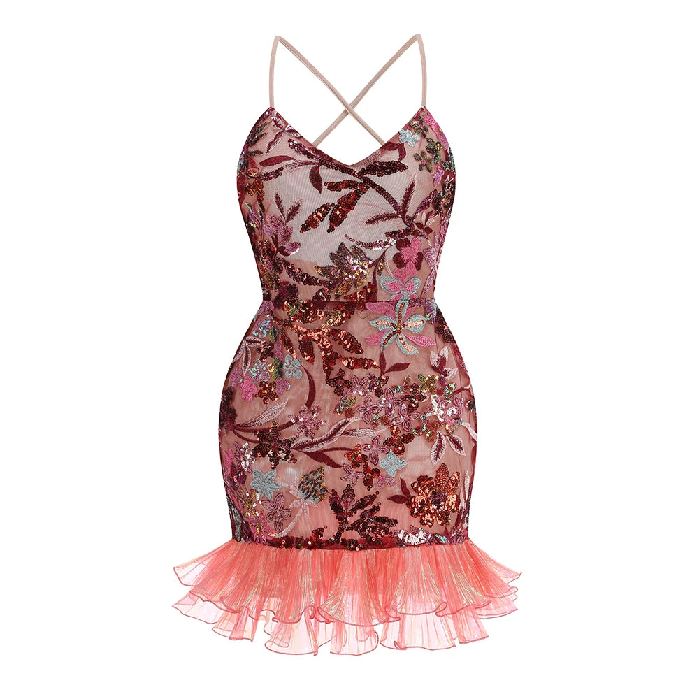 Dazzling Green Red Sequin-Embroidered Strappy Mini Dress Party Spotlight Skirt Red