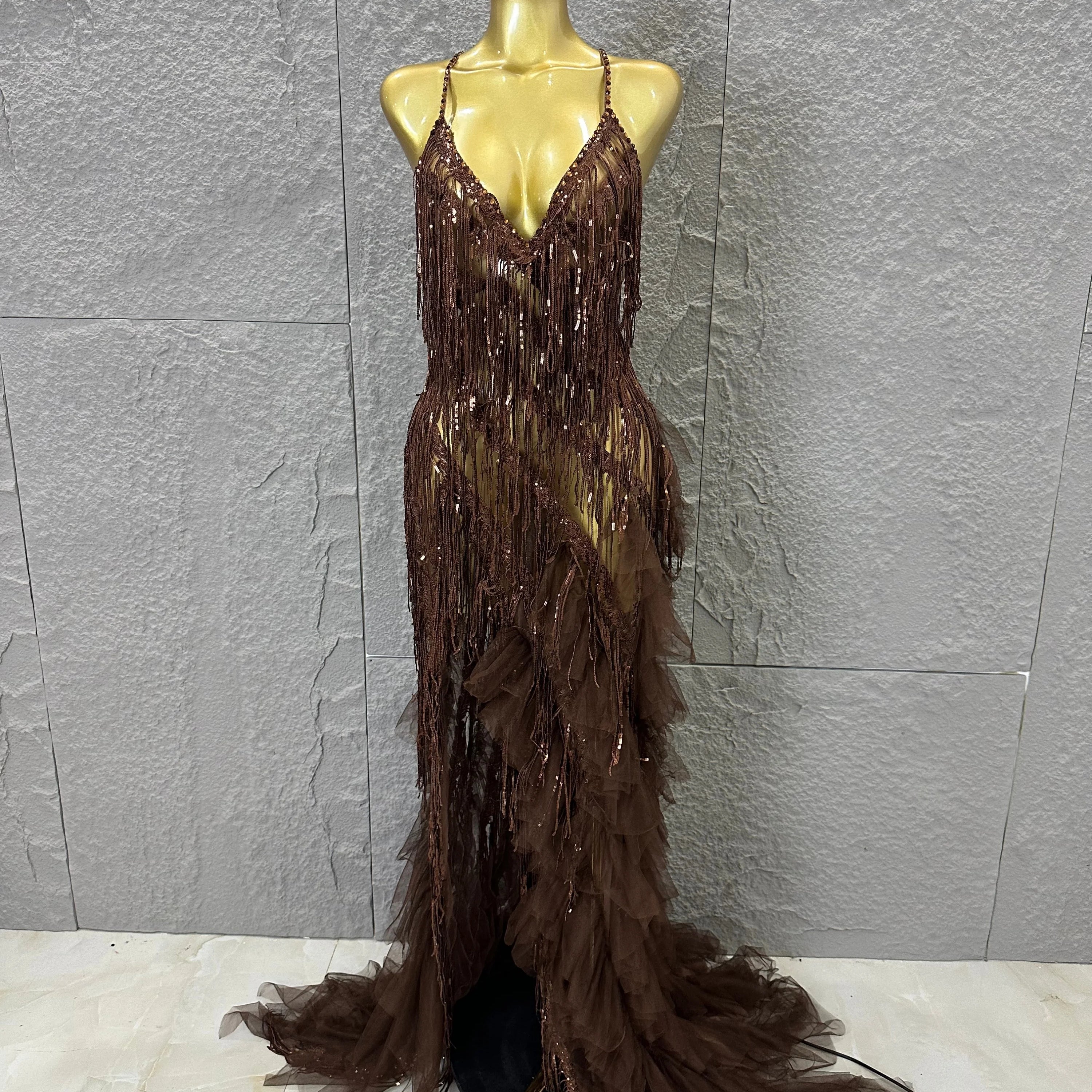 Elegant Brown Floowy Lace Women Sexy Spaghetti Strap V-Neck Tulle Ruffle High Slit Bodycon Outfit Evening Gala Party Costume Brown
