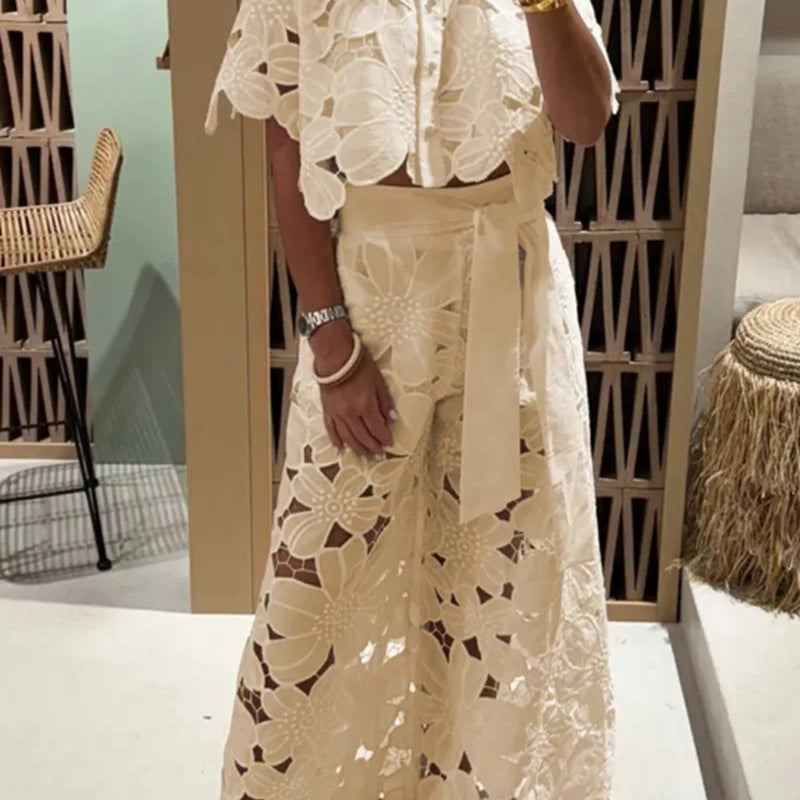 Sexy Lapel Single-breasted Shirt Top + Wide-leg Pants 2-piece Set Women Fashion Solid Color Elegant Casual Hollow Suit Female Yellow