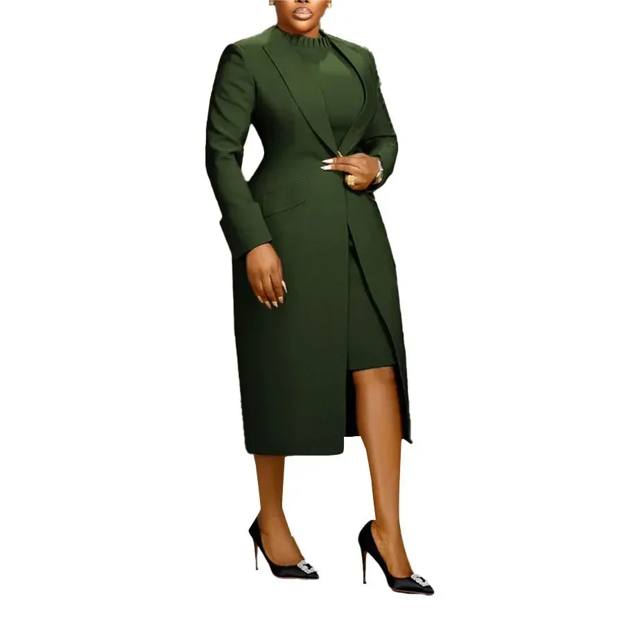 Women's Set Full Sleeve Long Blazer Coat+ Long Dress Suit 2025 Winter Streetwear Two 2 Piece Set Africa OL Work Outfits Green