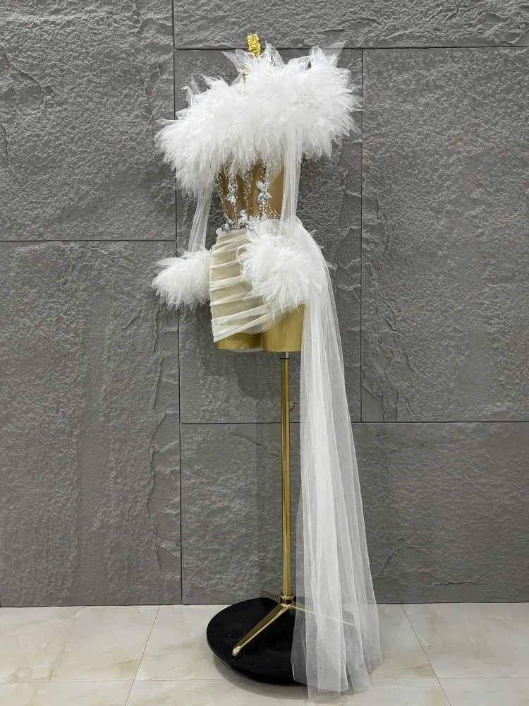 White Purple Women Sexy Mesh Ruffles 2 Pieces Bodycon Mini Dress See Through Celebrate Nightclub Party Bar Singer Stage Wear