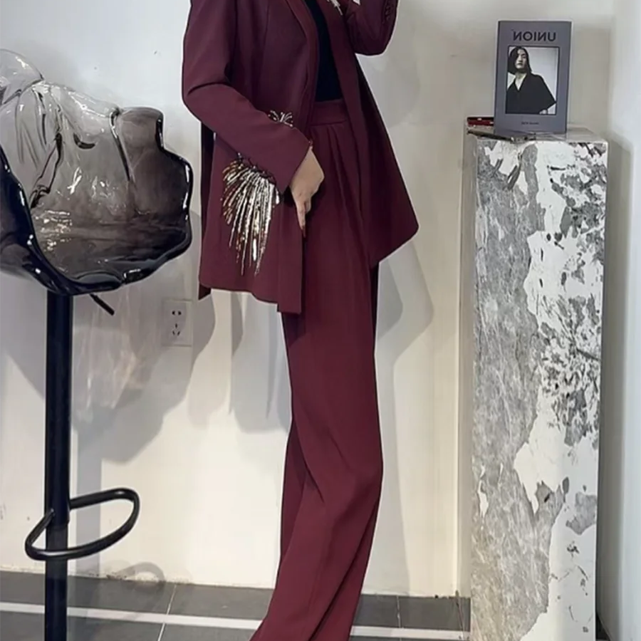 Solid Slimming Two Piece Sets for Women V Neck Long Sleeves Patchwork Sequins Top High Waist Pant Fashionset Female BURGUNDY