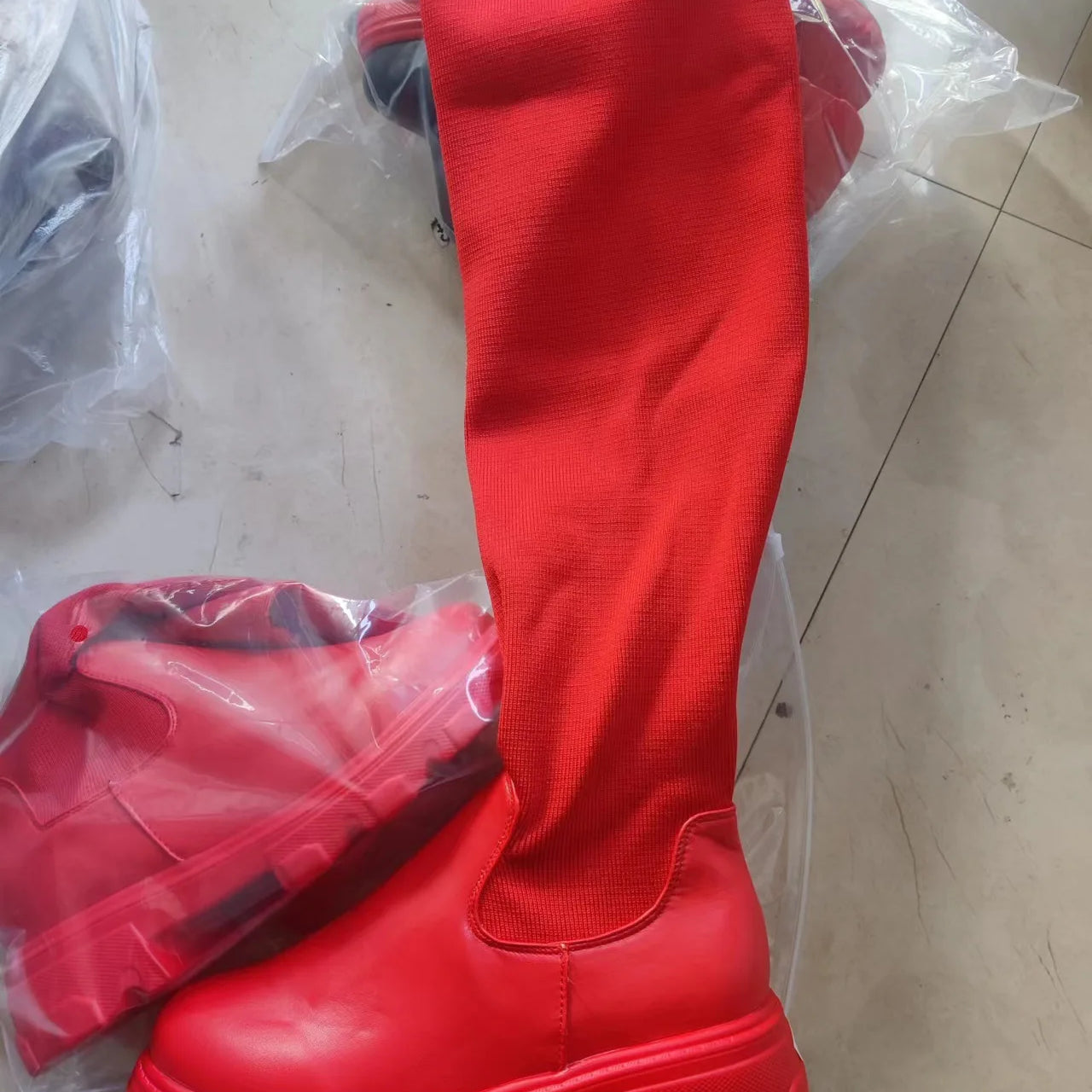 Women's Cotton Boots Winter Autumn Over The Knee Long Tube Leather Knitted Stitching Boots Fashion Female shoes Red