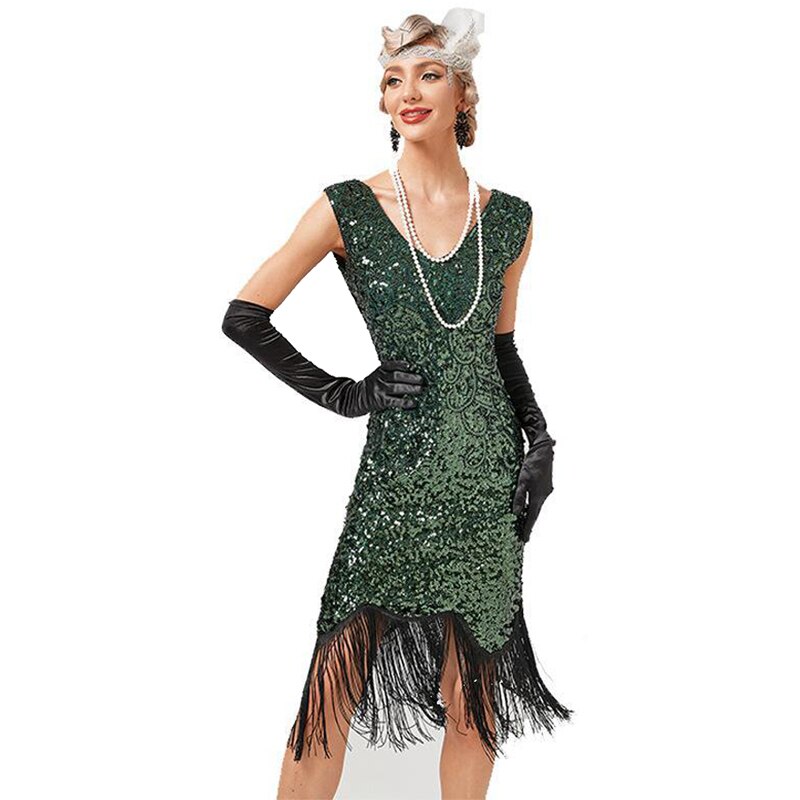 Summer 1920s Vintage Dress Tassel Flapper Dresses Prom Wedding Party Beaded Sequin Fringed O-Neck Women 30S Costume Green