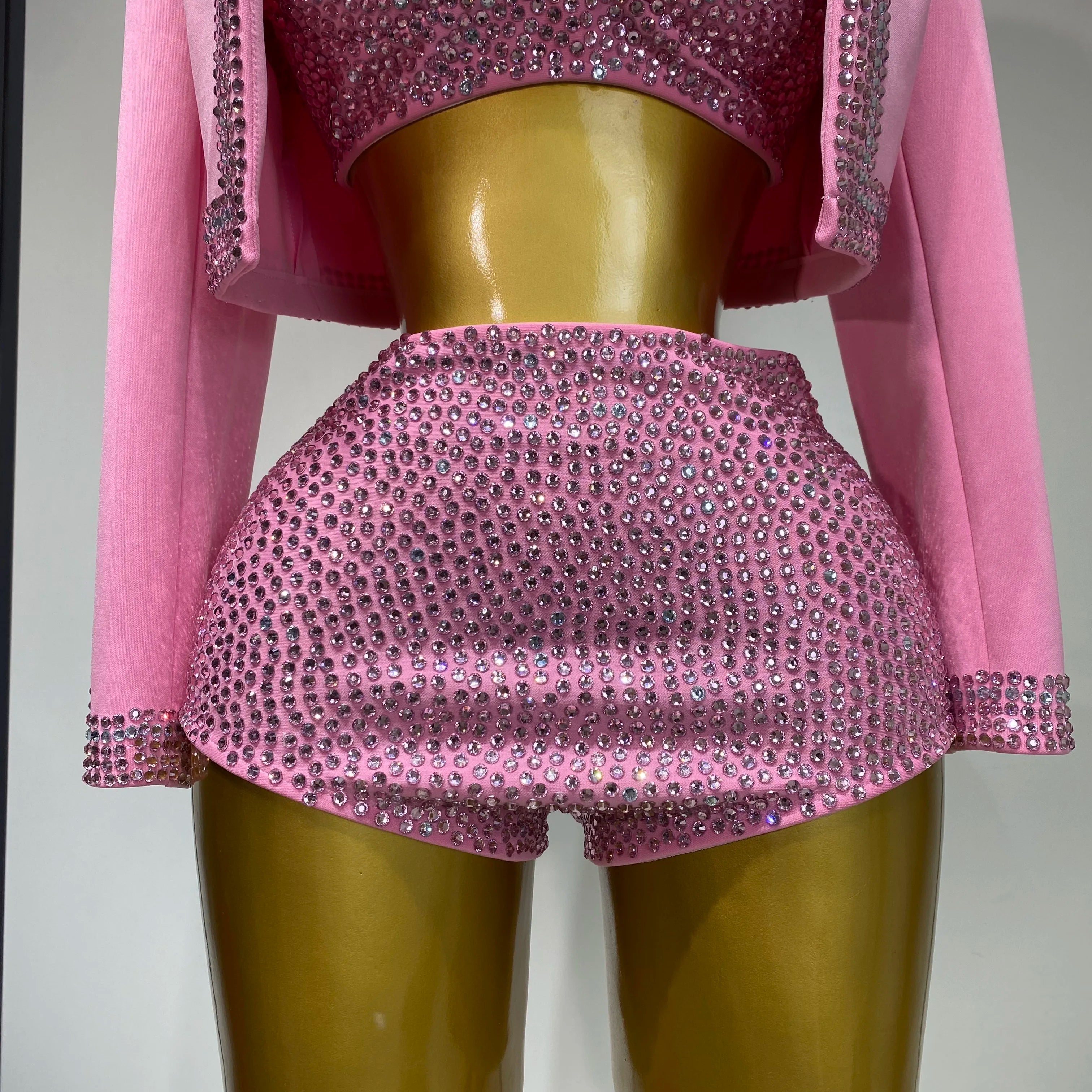 Luxury Rhinestone Jacket Bra Top And Matching Shorts Set 3 Pieces Outfits Women Sexy Sparkle Nightclub Singer Stage Outfit