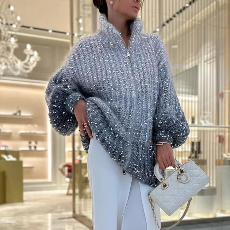 Sequin Knitted Women's Sweater Autumn Bishop Sleeve Zippers Loose Casual Sweaters Female 2024 Lady Stand Collar Outerwear