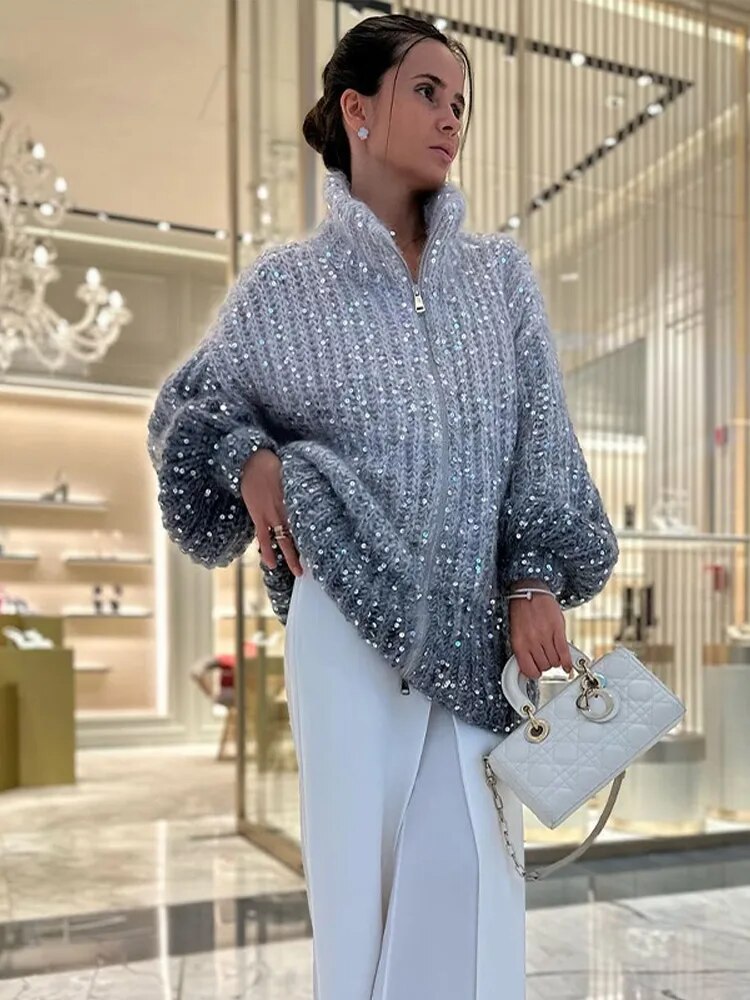 Sequin Knitted Women's Sweater Autumn Bishop Sleeve Zippers Loose Casual Sweaters Female 2024 Lady Stand Collar Outerwear