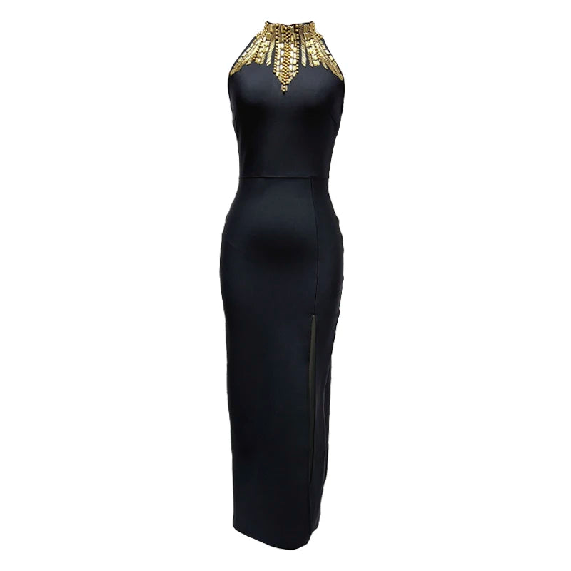 Golden Beading Women Sexy Off the Shoulder Bodycon Long Bandage Dress Fashion Celebrate Evening Party Outfit