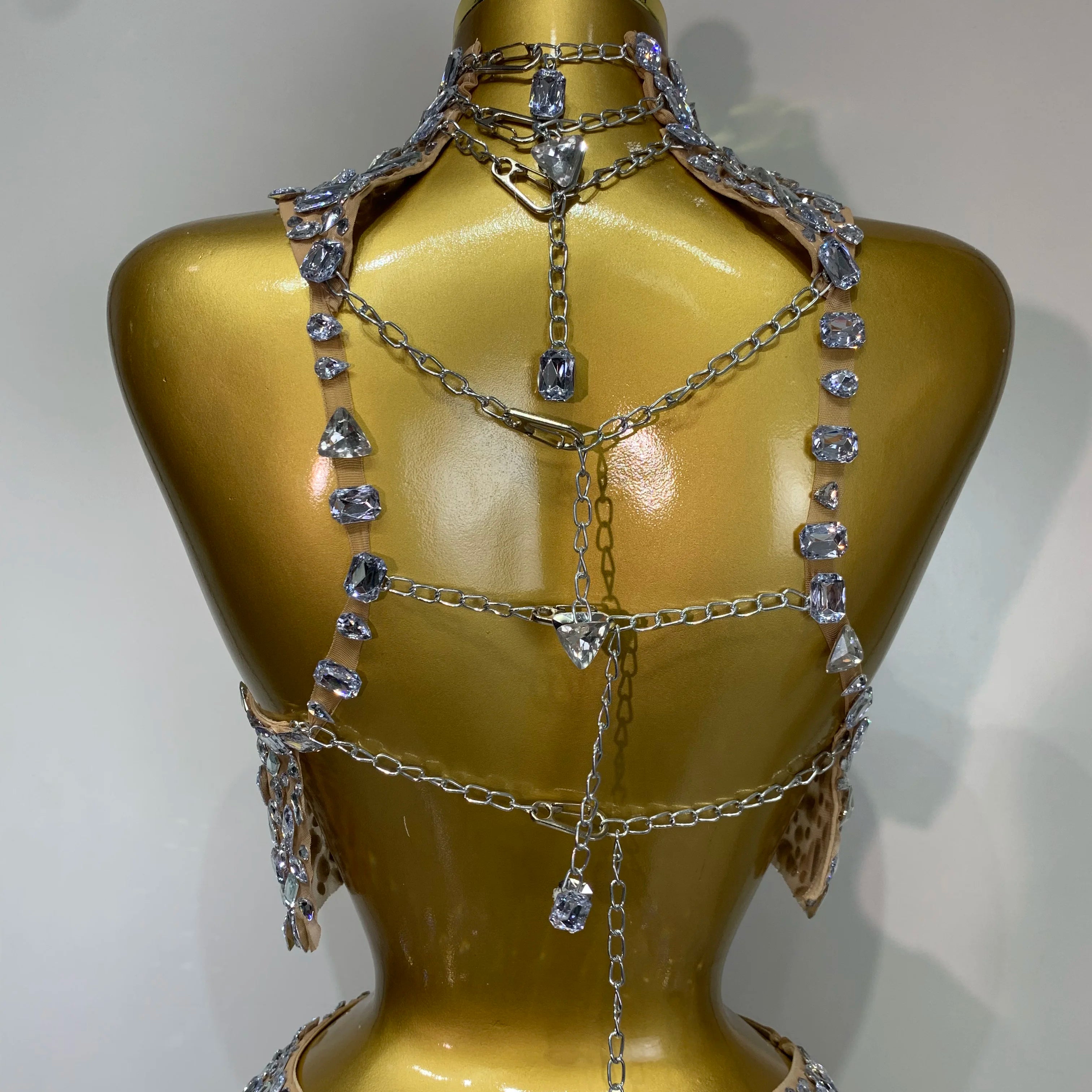 Sparkling Rhinestone Sexy See Through Blackless Top Skirt Two Pieces Set Woman Luxury Birthday Evening Party Gowns