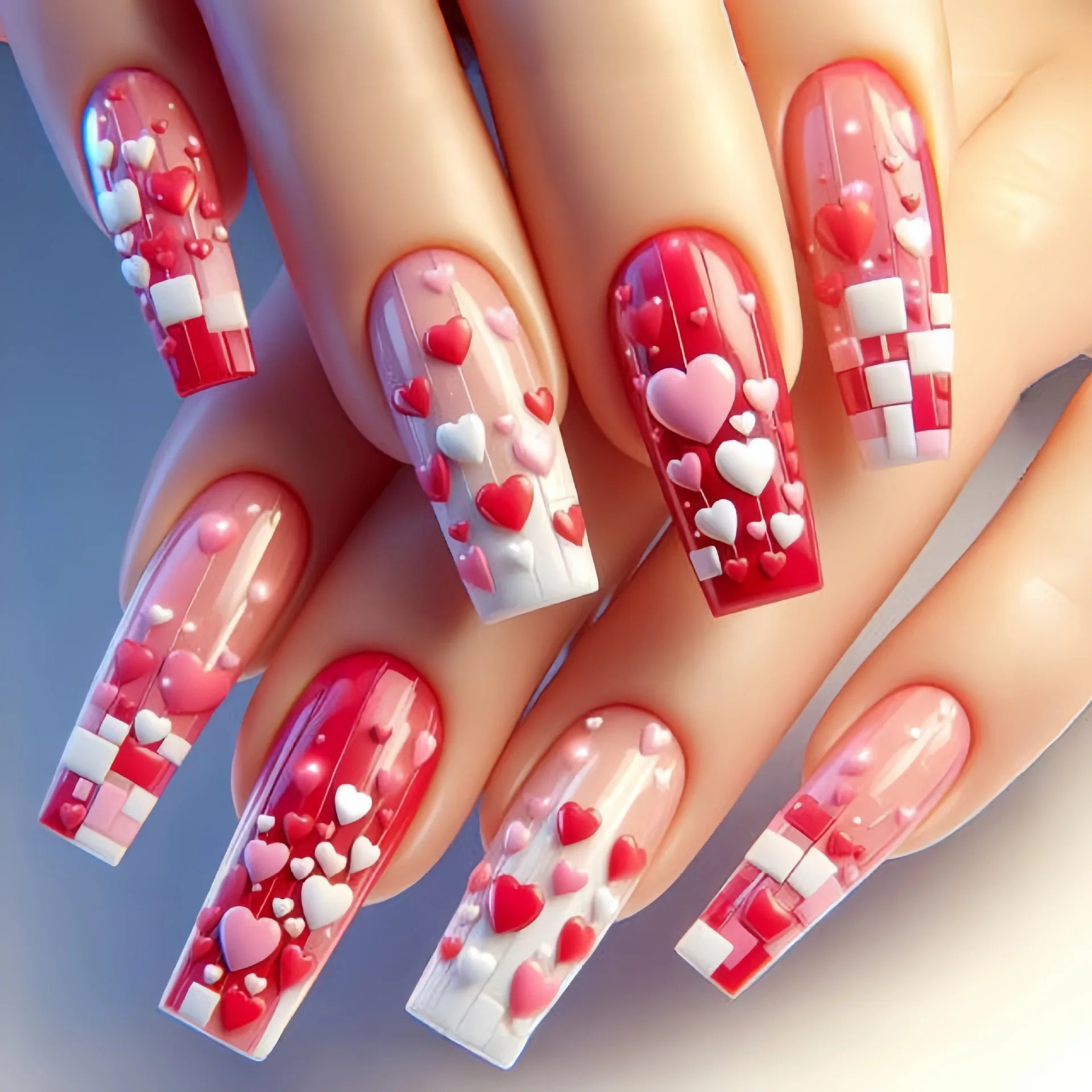 24pcs/set medium long fake nails for women cute gradient pink red heart rose flowers for Valentine's Day press on acrylic nails 1764