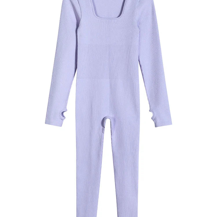Women Yoga Jumpsuits One Piece Workout Ribbed Long Sleeve Rompers Square Neck Sport Exercise Bodysuits Gym Sportswear Violet