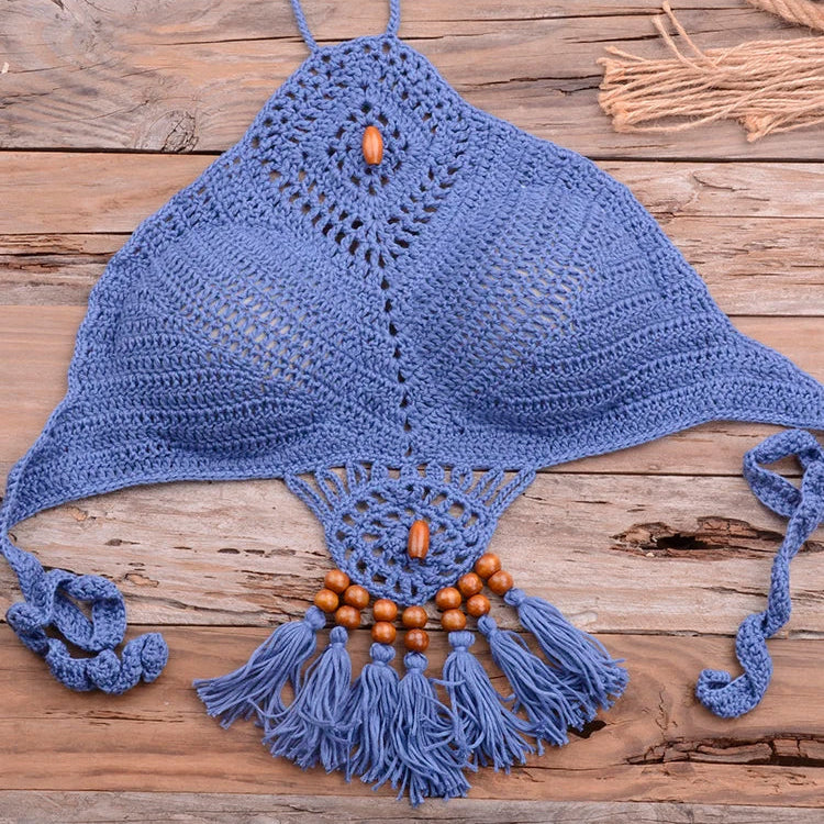 Bikini 2022 knitting Swimsuit Crochet Bikini Bohemia Style Off Shoulder High Neck Bathing Beach Bikinis Handmade Crochet Bikini Blue Top